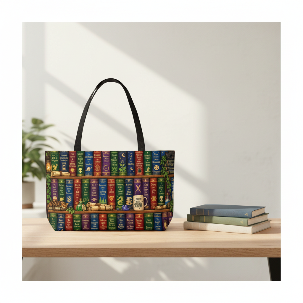 Booklover Weekender Tote Bag colorful magical bookshelf design product photo