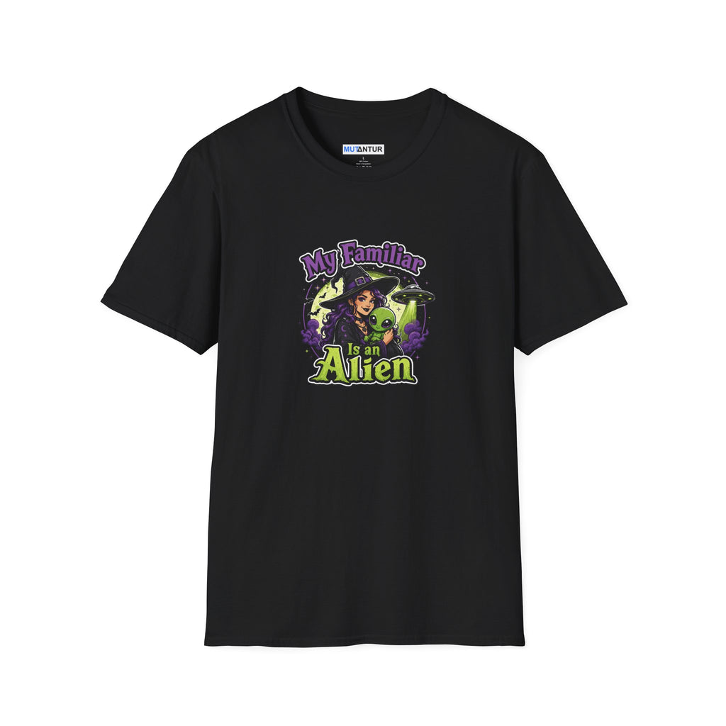 A black short-sleeve t-shirt with a colorful graphic on the chest that reads 'My Familiar is an Alien' in stylized purple and yellow lettering,