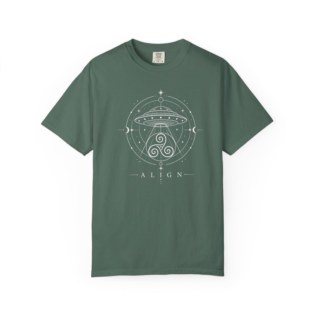 Green  t-shirt with a black line design of a flying saucer with an Irisk triskele below and the words ' ALIGN' against a white background