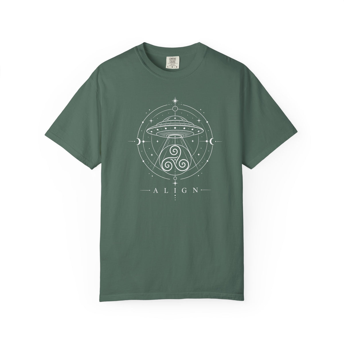 Green  t-shirt with a black line design of a flying saucer with an Irisk triskele below and the words ' ALIGN' against a white background
