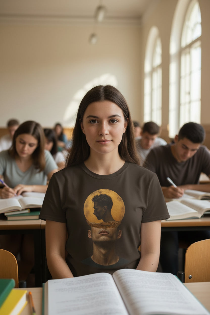 Surreal Double Portrait T-Shirt | Abstract Head Silhouette, Moon Circle - Mutantur Labs LLC