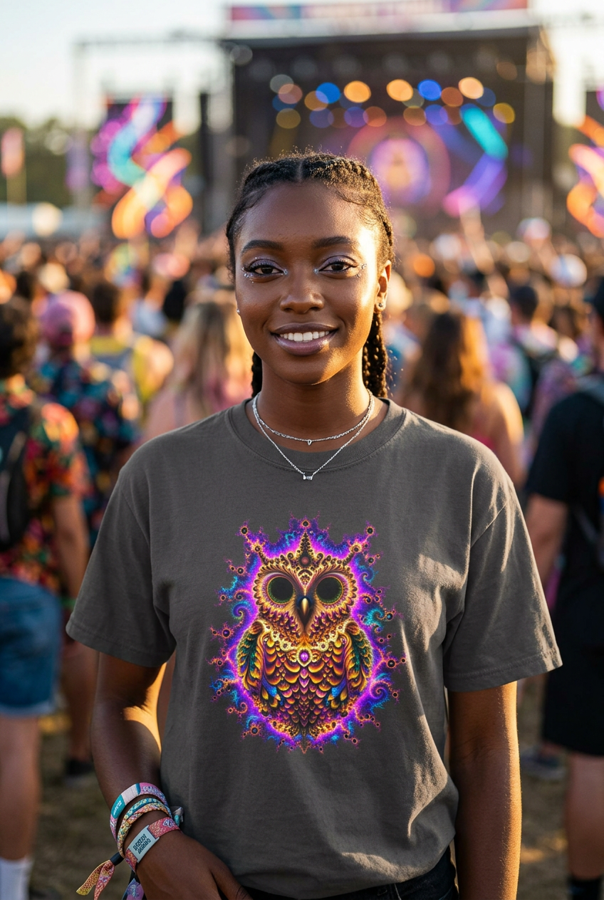 A smiling woman at an outdoor festival wearing a dark gray t-shirt with a vibrant, colorful psychedelic owl graphic on the front.