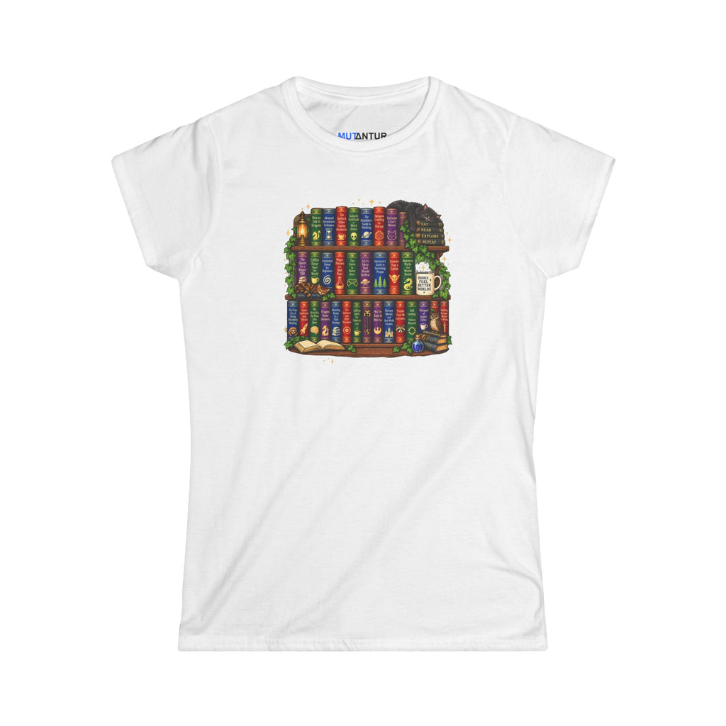 A white short-sleeve crewneck t-shirt featuring a colorful graphic print of a bookshelf filled with books on the chest.