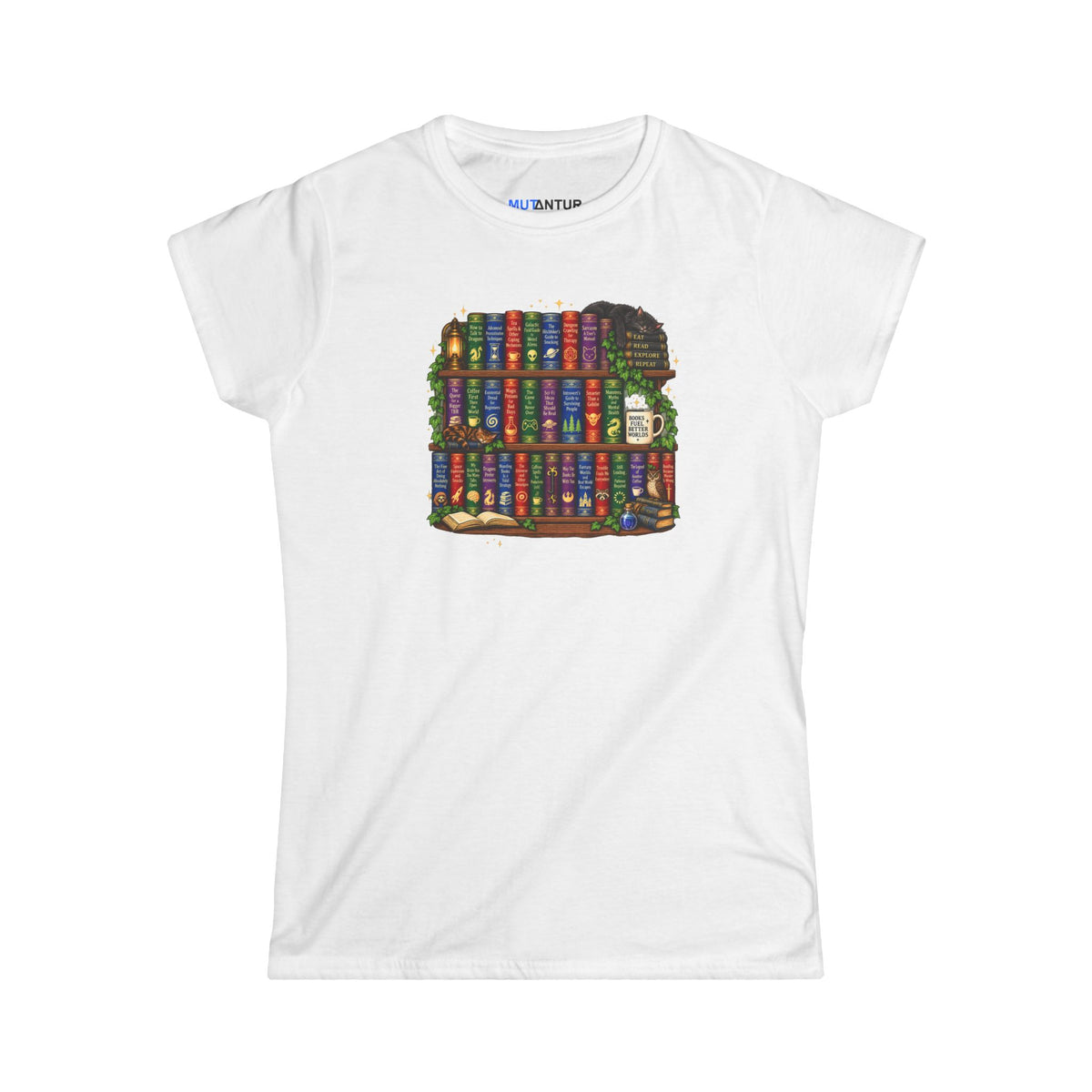 A white short-sleeve crewneck t-shirt featuring a colorful graphic print of a bookshelf filled with books on the chest.