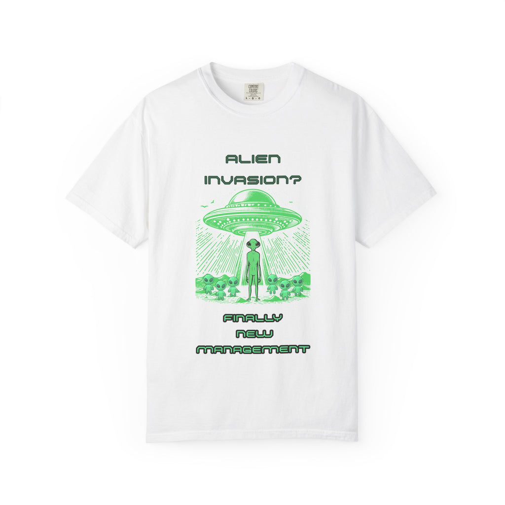 Alien Invasion Finally New Management UFO graphic tee in white, front view