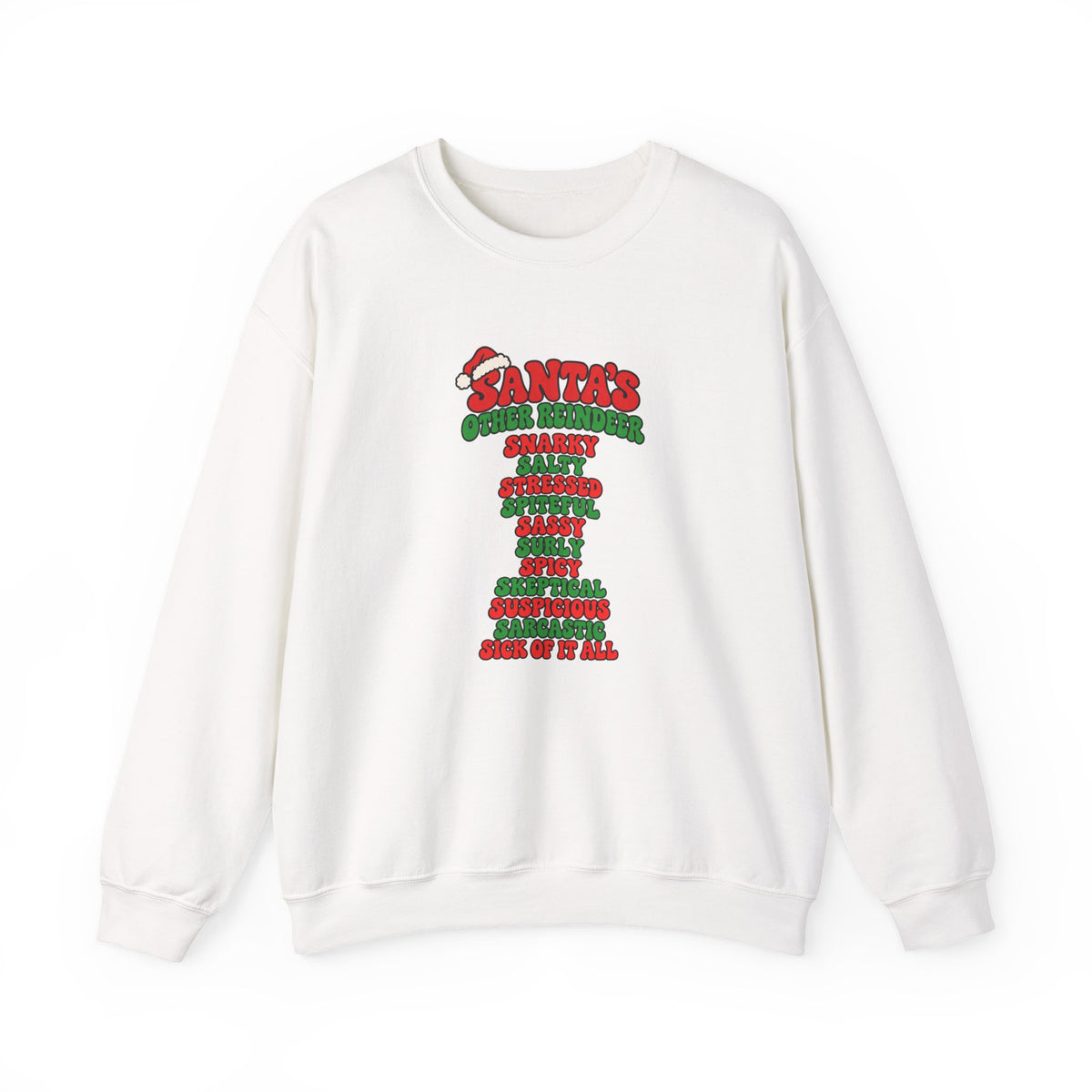 An off-white crewneck sweatshirt featuring a colorful graphic print on the front with the text 'SANTA'S OTHER REINDEER' in red and green, followed by a list of holiday reindeer names