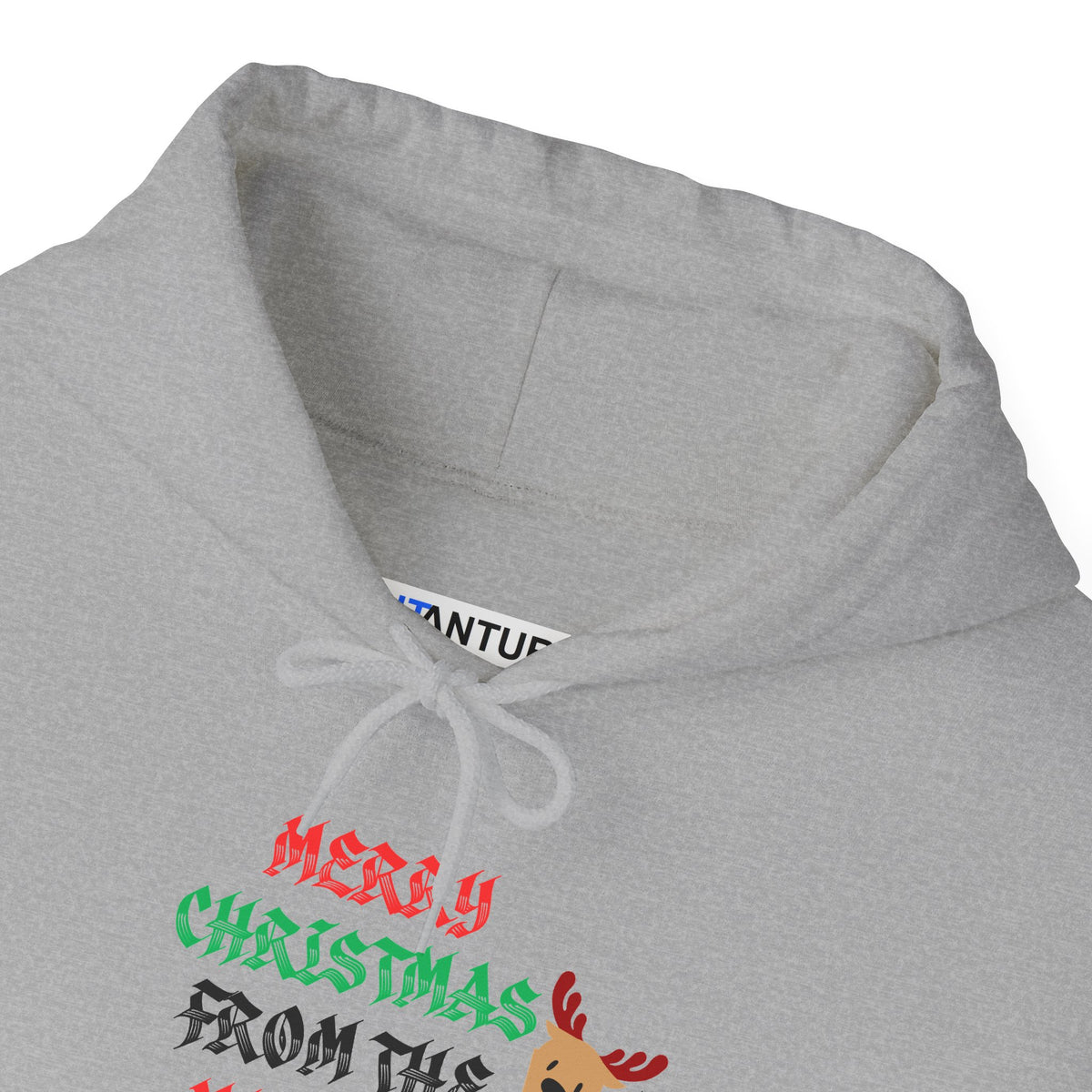 Close-up of a light heather gray hoodie showing the hood, drawstring,