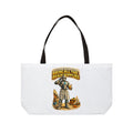 White tote bag with a robot design and text on a white background