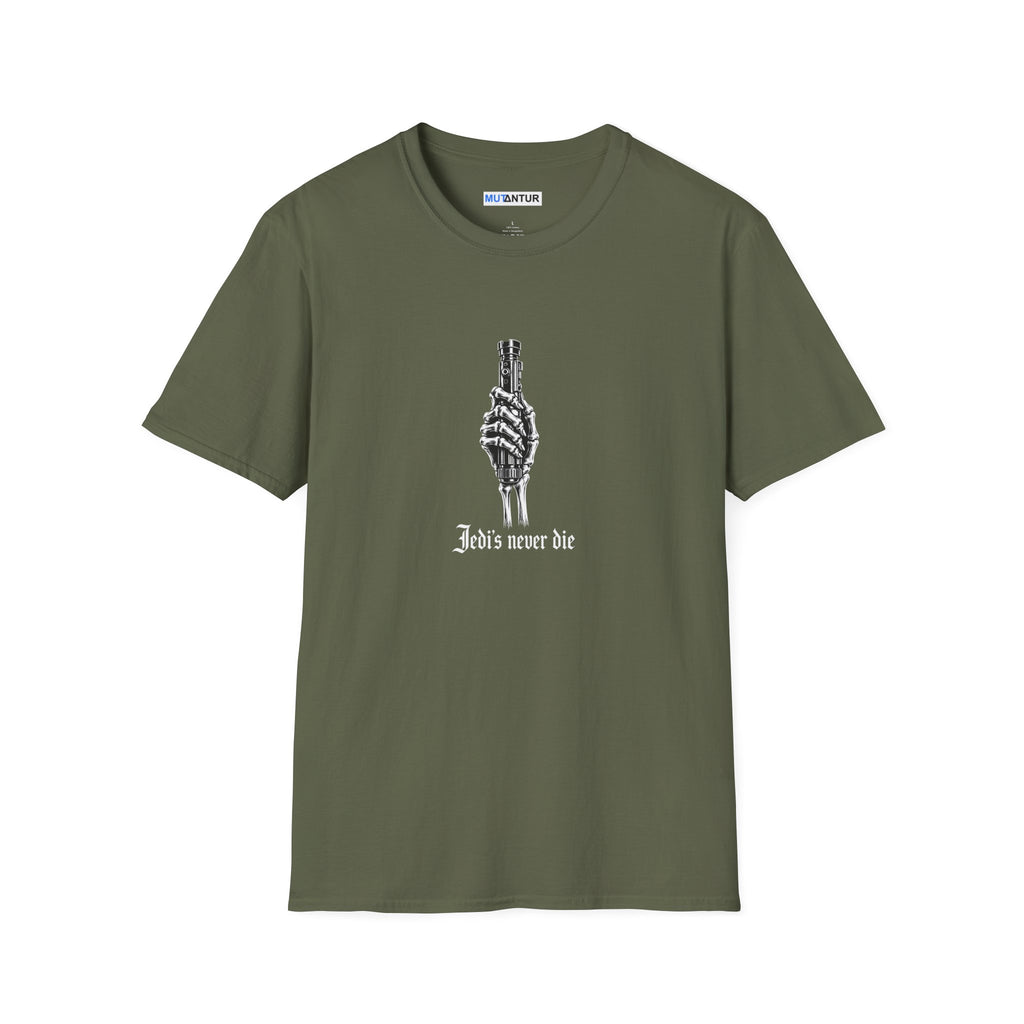 Military green T-shirt depicting a skeleton hand holding a Light Saber hilt with the words Jedis Never Die