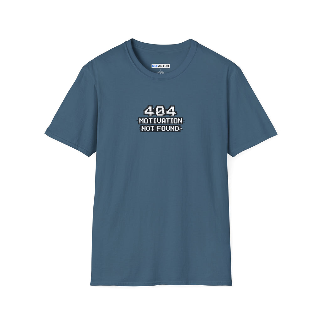 A dark blue crewneck t-shirt with a black graphic on the chest that reads '404 MOTION TUNATION NOT FOUND'. The shirt is displayed flat against a solid white background.