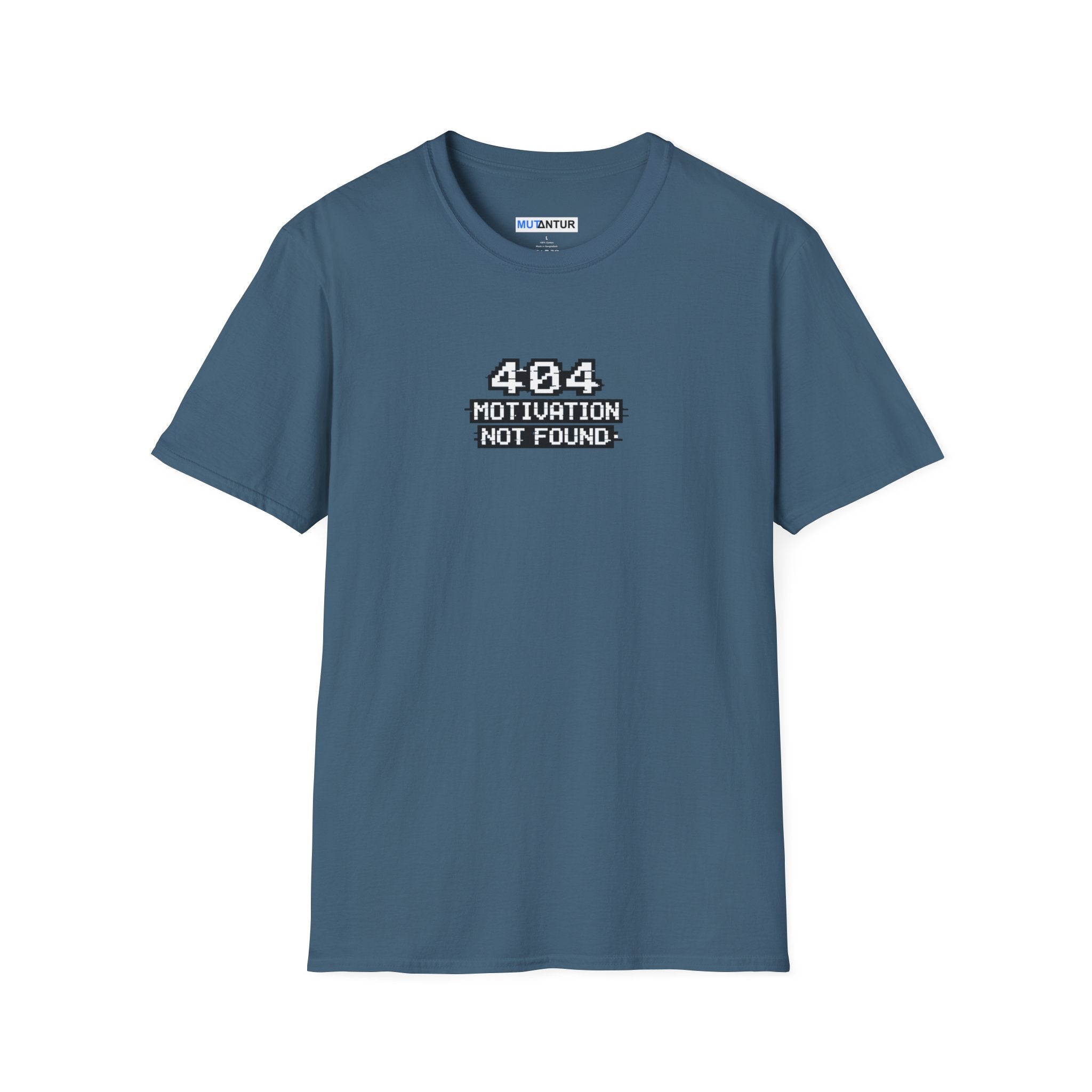A dark blue crewneck t-shirt with a black graphic on the chest that reads '404 MOTION TUNATION NOT FOUND'. The shirt is displayed flat against a solid white background.