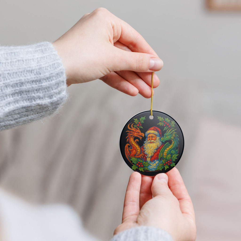 Santa & Dragons Ceramic Ornament — Fantasy Holiday Keepsake