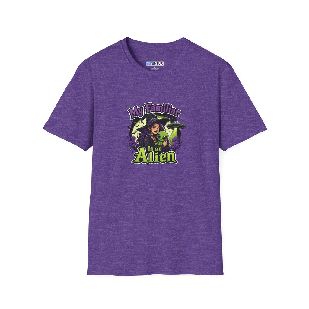 A purple  short-sleeve t-shirt with a colorful graphic on the chest that reads 'My Family is an Alien' featuring a witch and green aliens