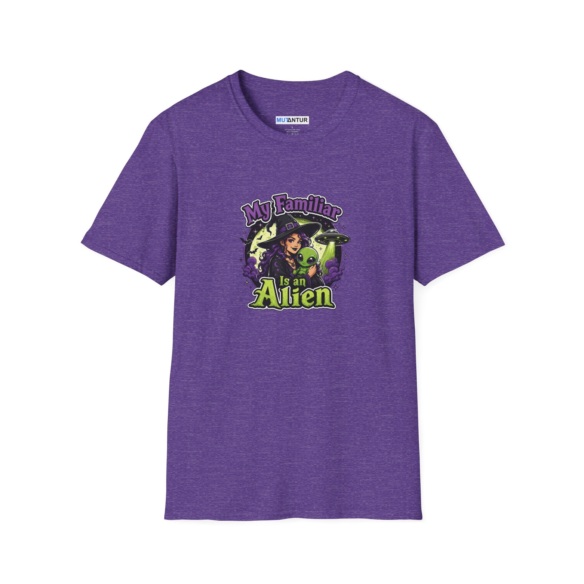 A purple  short-sleeve t-shirt with a colorful graphic on the chest that reads 'My Family is an Alien' featuring a witch and green aliens