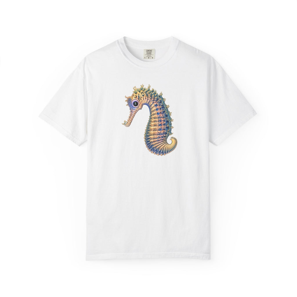 A white short-sleeve crewneck t-shirt featuring a colorful graphic of a seahorse on the chest, displayed against a solid white background.