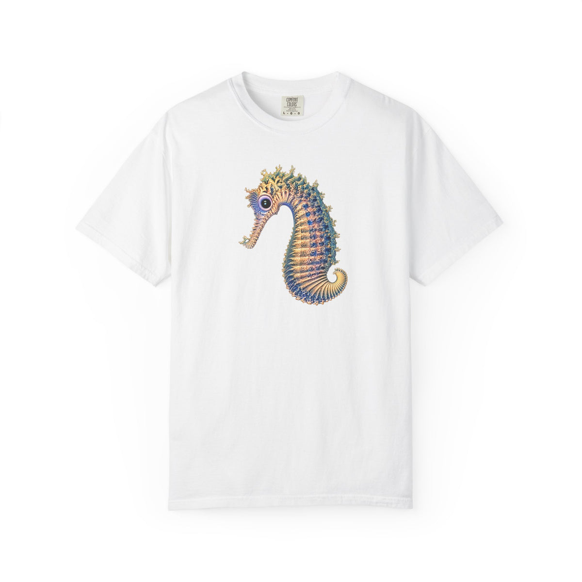 A white short-sleeve crewneck t-shirt featuring a colorful graphic of a seahorse on the chest, displayed against a solid white background.