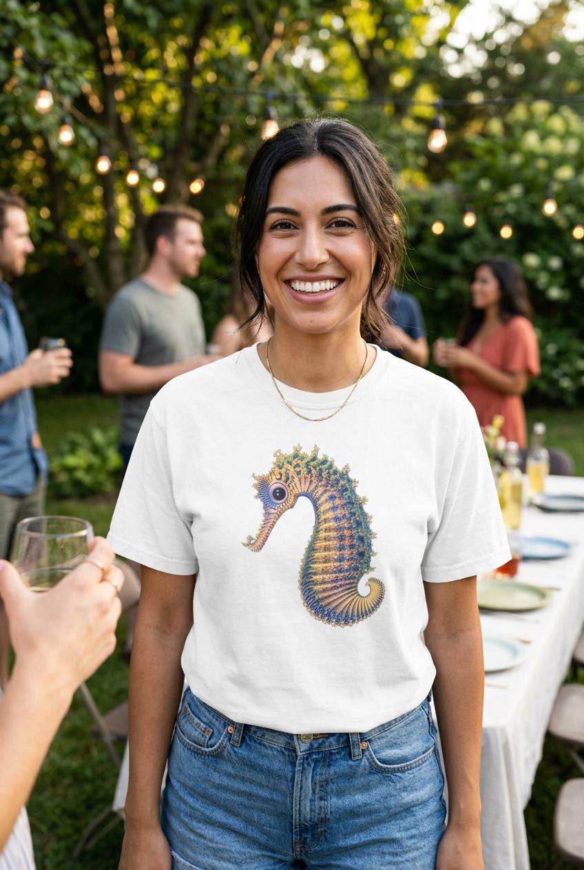 A woman smiling at an outdoor party wearing a white crewneck t-shirt with a colorful seahorse graphic on the front, paired with blue jeans.