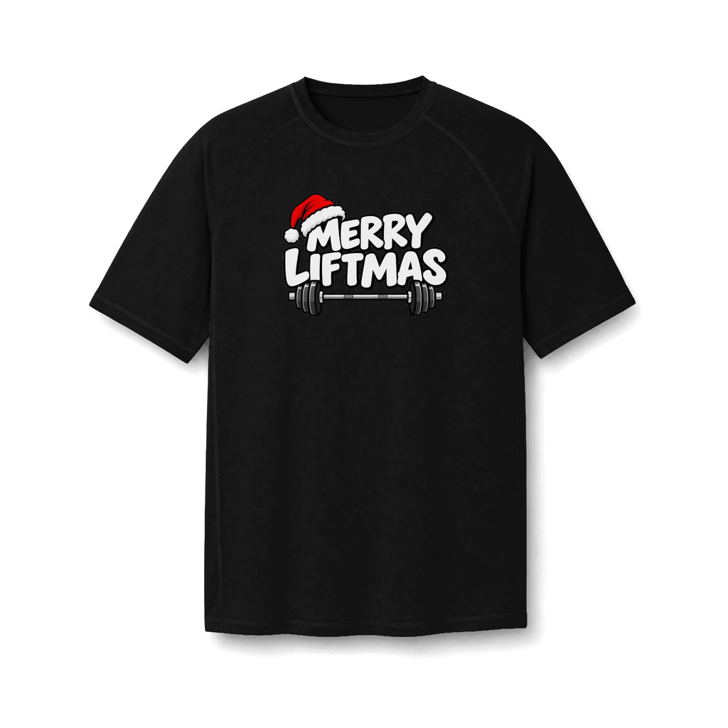 A black short-sleeve raglan t-shirt with a 'MERRY LIFTMAS' graphic on the chest, featuring a white text design, a barbell, and a red Santa hat, displayed on a clean white background.