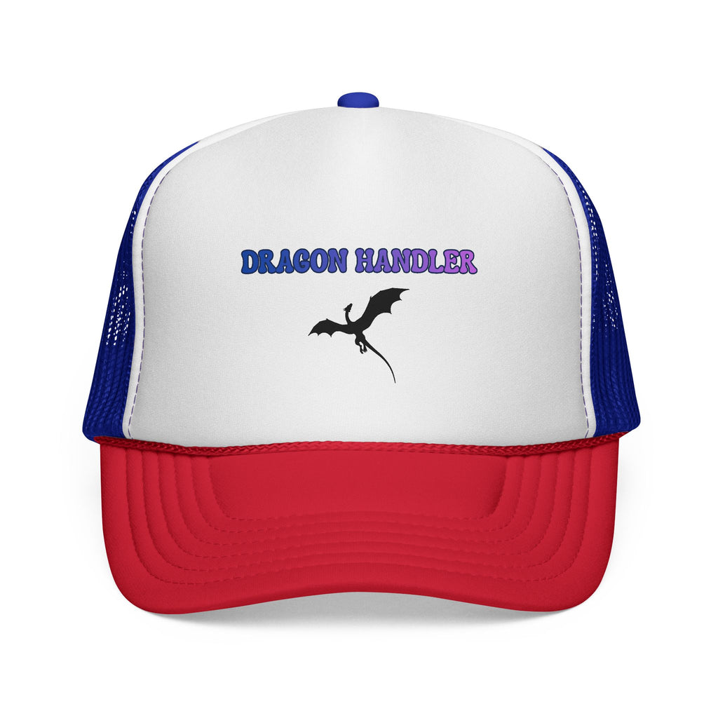 Dragon Handler trucker cap with dragon silhouette in red, white, and blue, front view