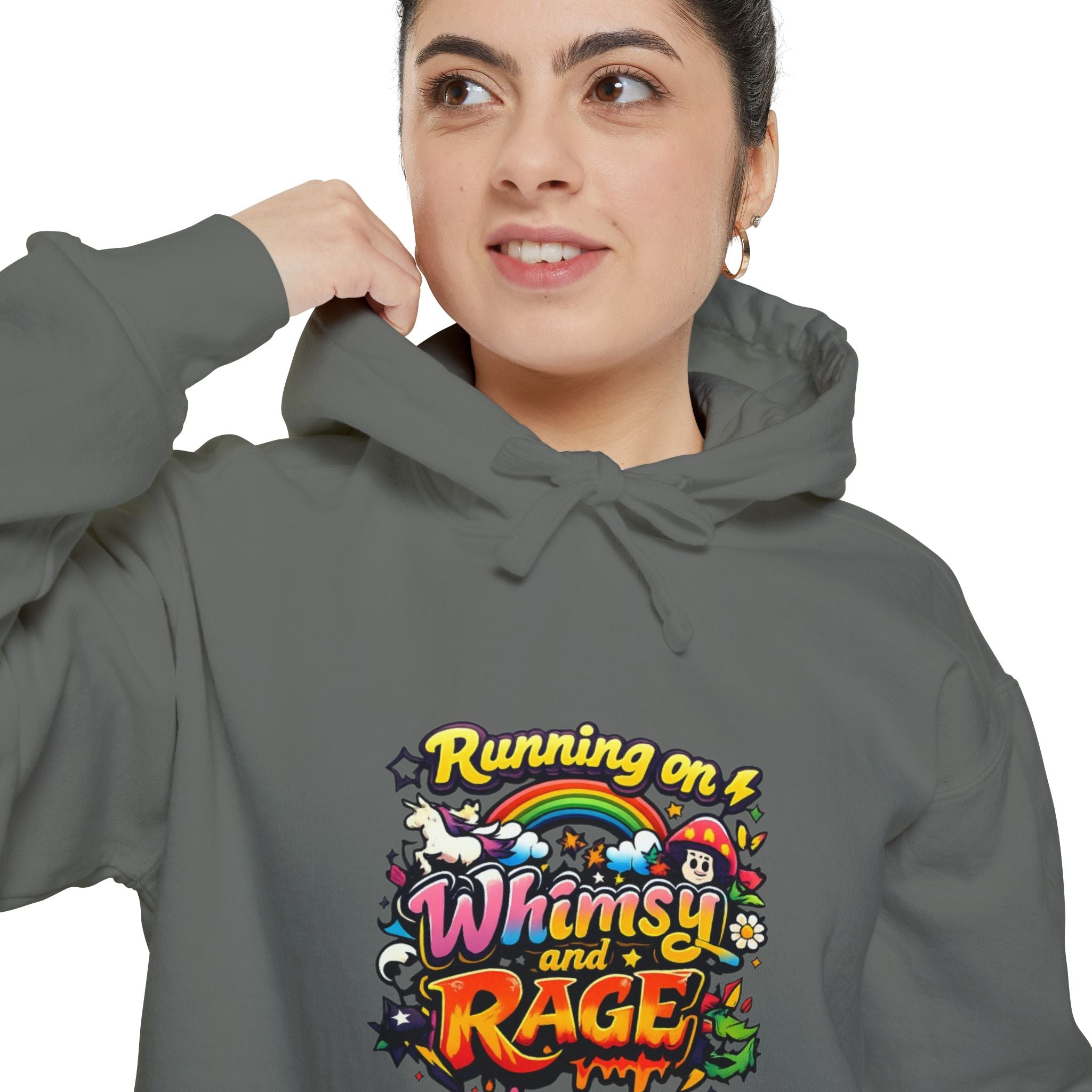Hoodie — "Running on a Whimsy and Rage" Colorful Graphic Pullover