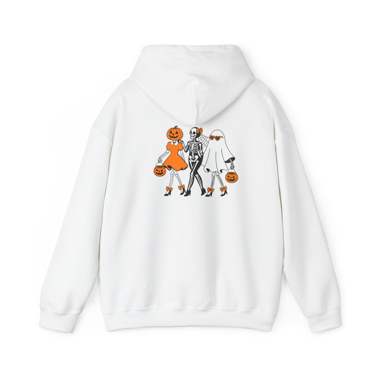 A white pullover hoodie shown from the back, featuring a graphic print of three cartoon Halloween characters: a pumpkin-headed girl in an orange dress, a skeleton in a black-and-white outfit, and a ghost in a white costume, all holding orange pumpkins.