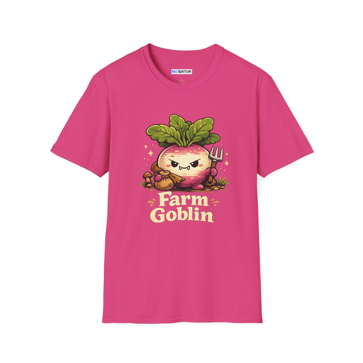 Grumpy Turnip Farm Goblin graphic tee in pink, front view flat mockup