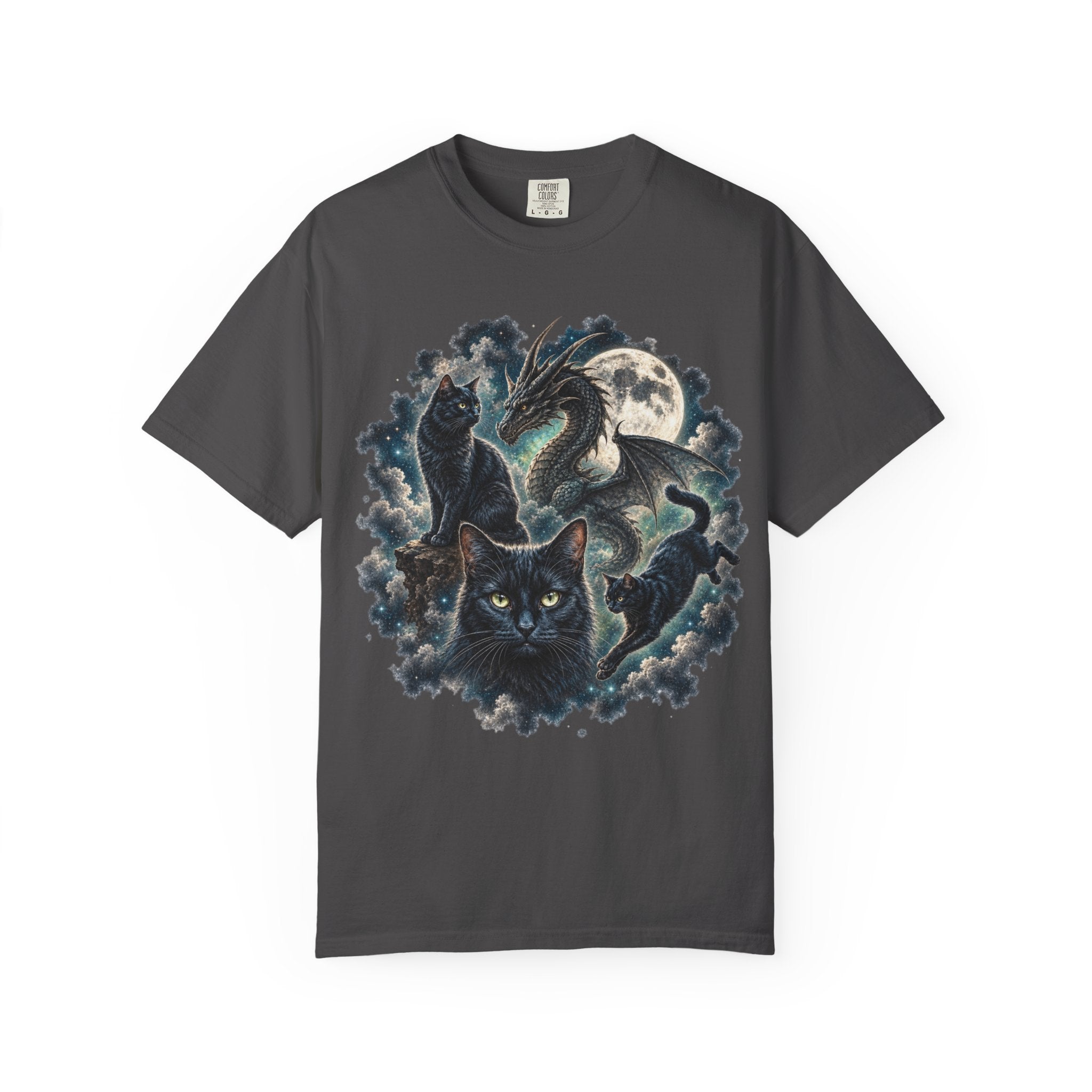 A dark gray crewneck t-shirt featuring a detailed graphic print of a black cat and a dragon amidst a full moon and swirling clouds.