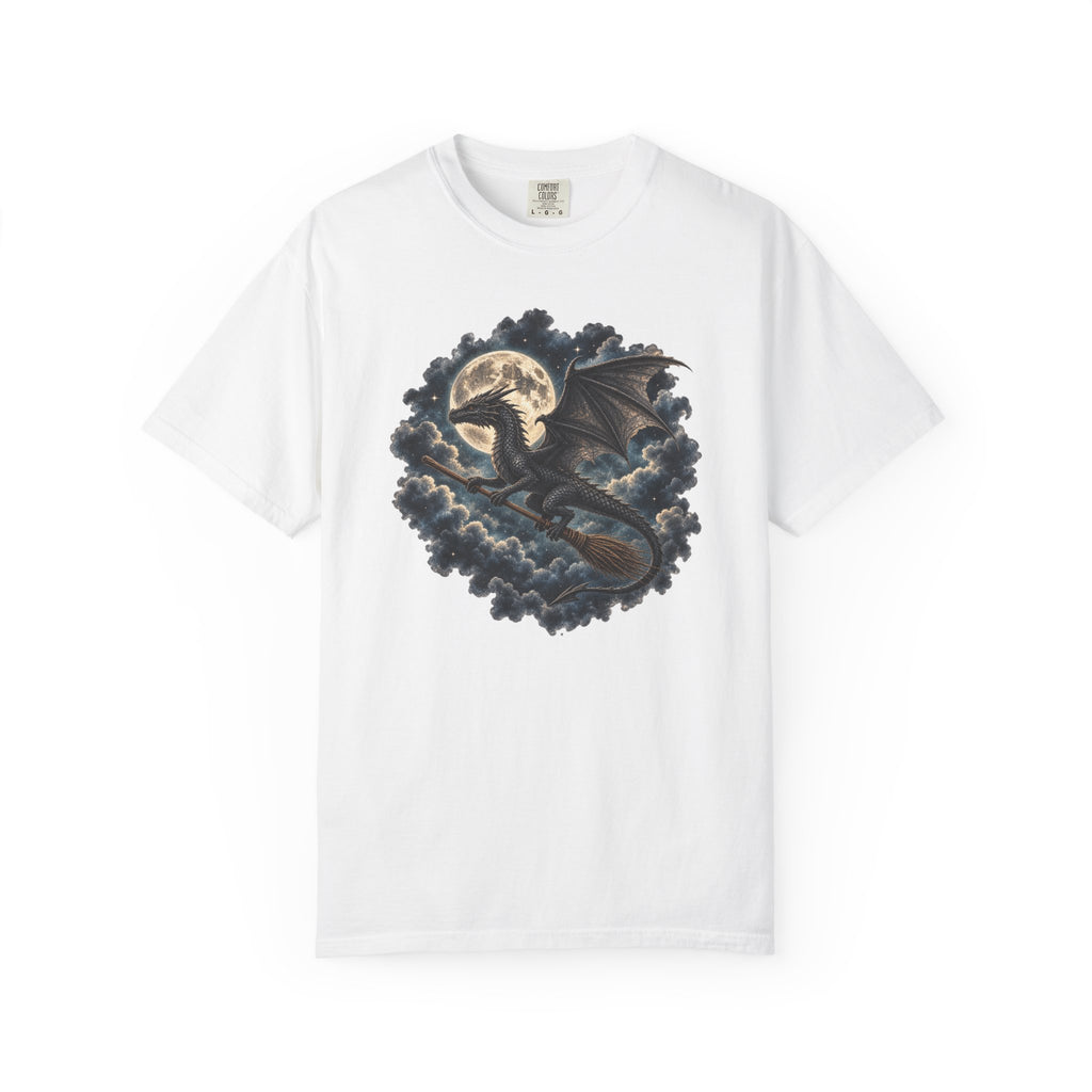 A white short-sleeve crewneck t-shirt featuring a detailed graphic print of a dark dragon flying over stormy clouds with a full moon in the background.