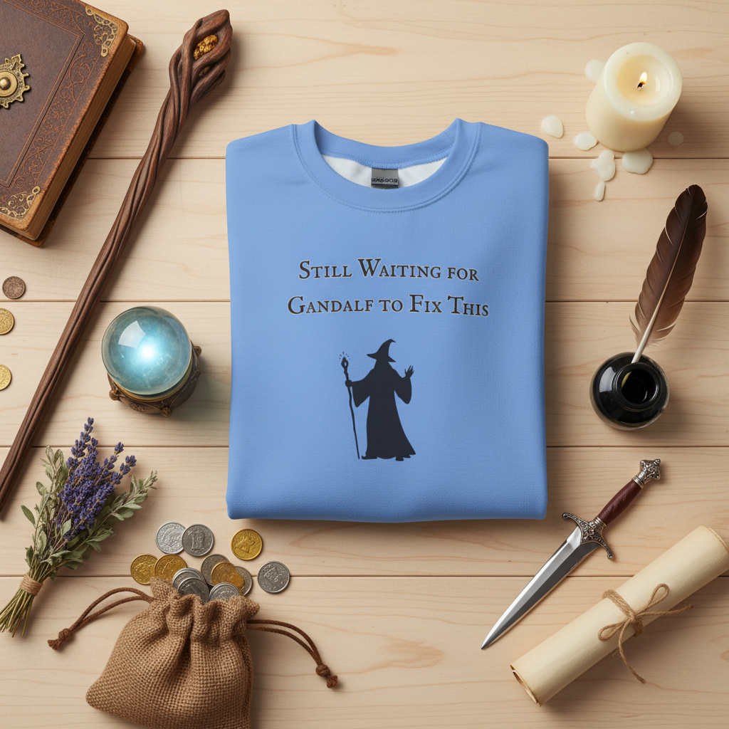 Still Waiting for Gandalf to Fix This crewneck sweatshirt, front view
