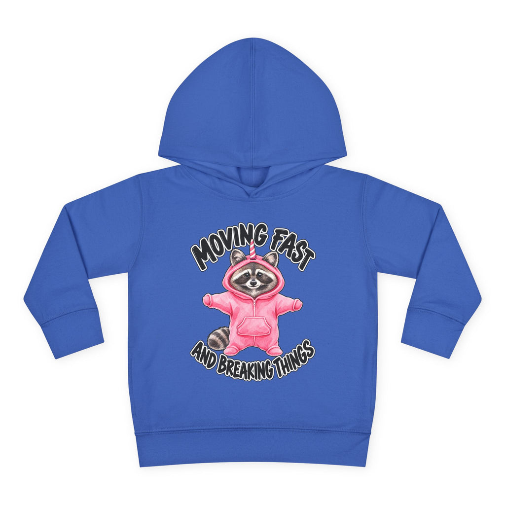 A royal blue kids' pullover hoodie with a front graphic of a raccoon in a pink hoodie, surrounded by the text 'MOVING FAST AND BREAKING THINGS'.