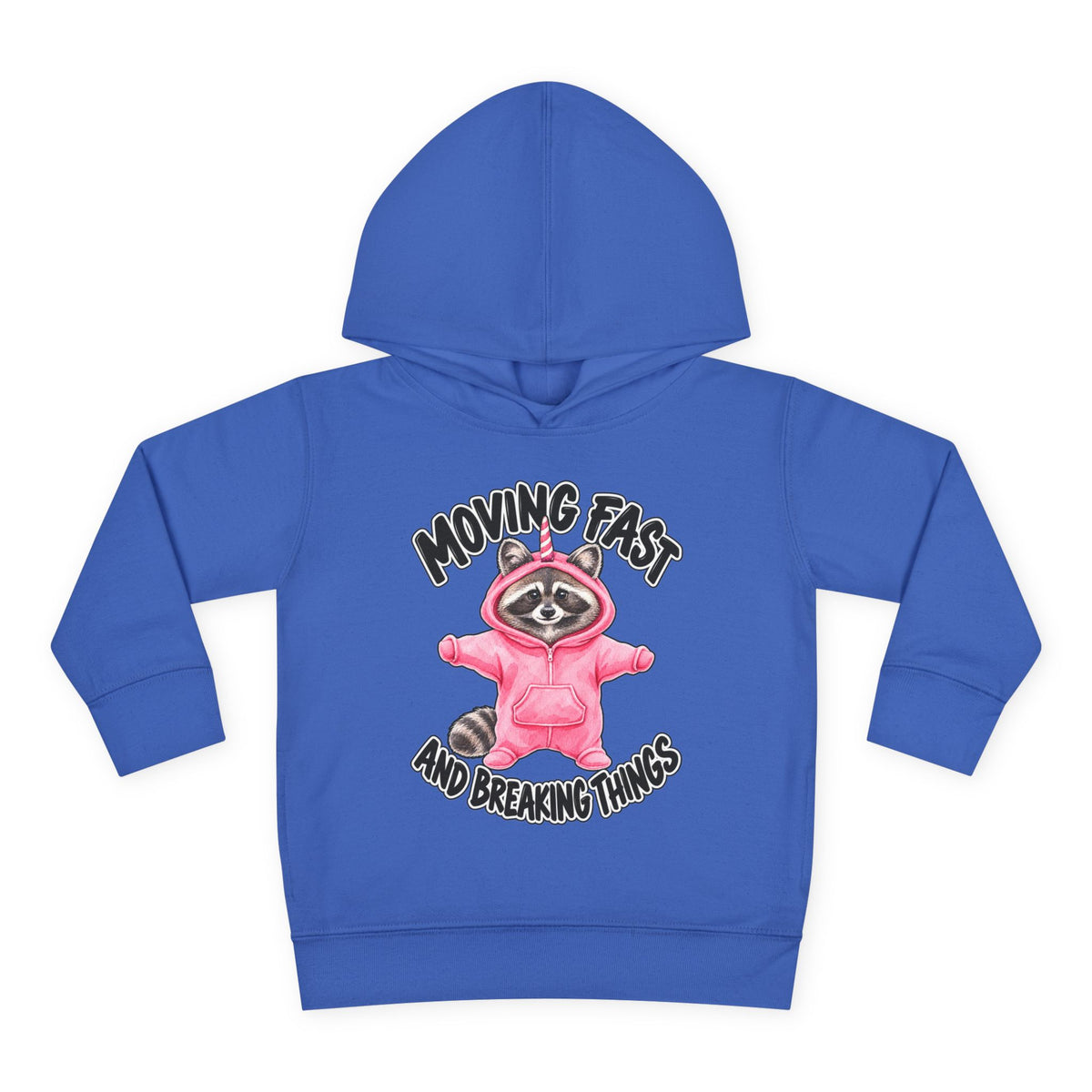 A royal blue kids' pullover hoodie with a front graphic of a raccoon in a pink hoodie, surrounded by the text 'MOVING FAST AND BREAKING THINGS'.
