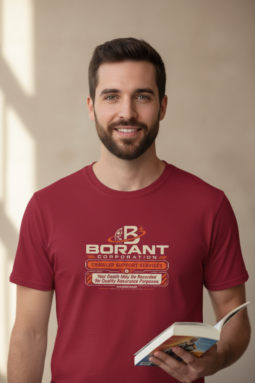 Borant Corporation Crawler Support Services retro sci-fi graphic tee in dark red, styled photo of a man wearing the shirt while holding a book