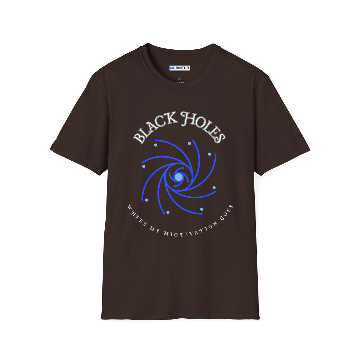 Black Holes Where My Motivation Goes celestial spiral graphic tee in dark brown, front view