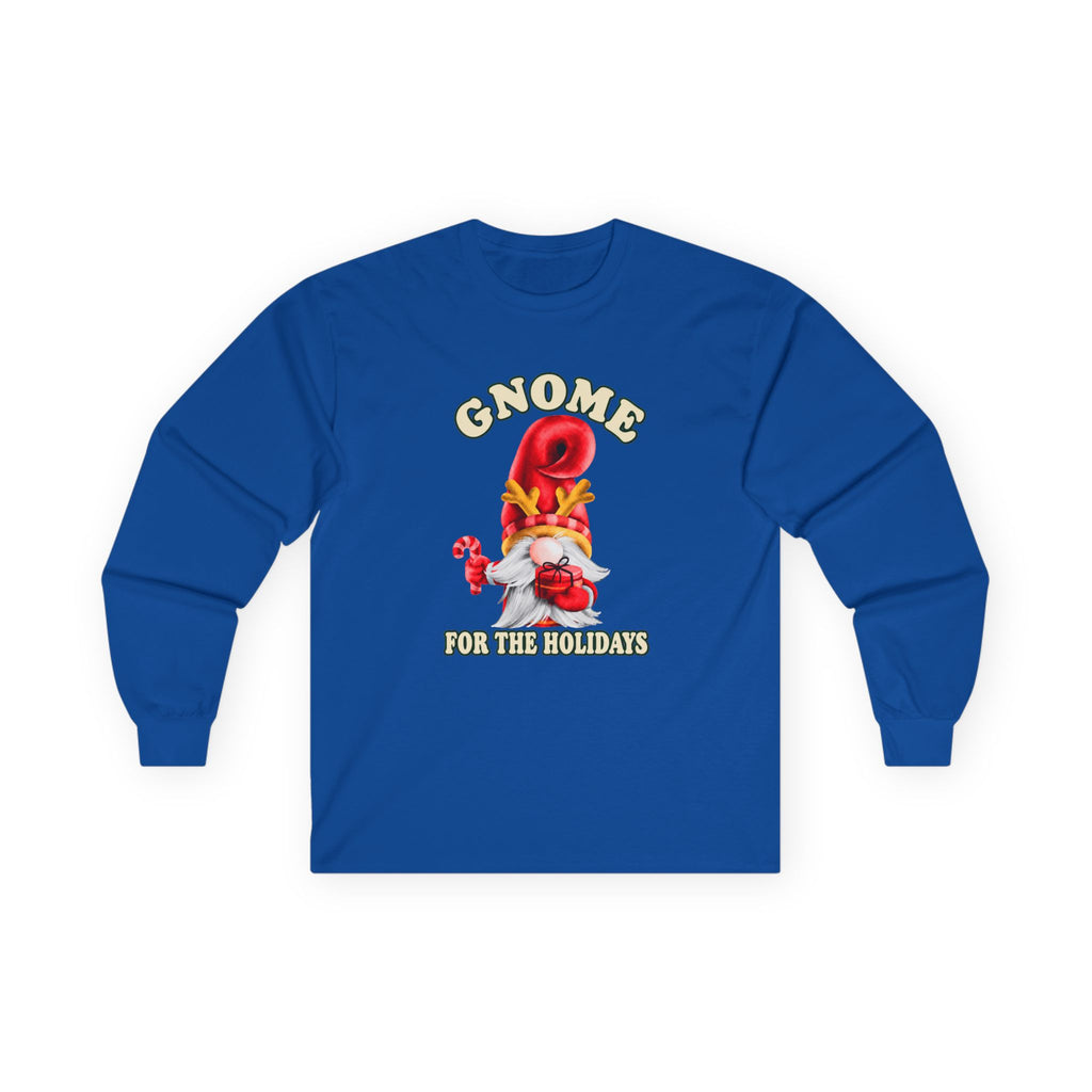 A royal blue long-sleeve t-shirt with a festive gnome graphic on the chest. The graphic features a red hot air balloon, a white and red gnome, and the text 'GNOME FOR THE HOLIDAYS' in yellow.
