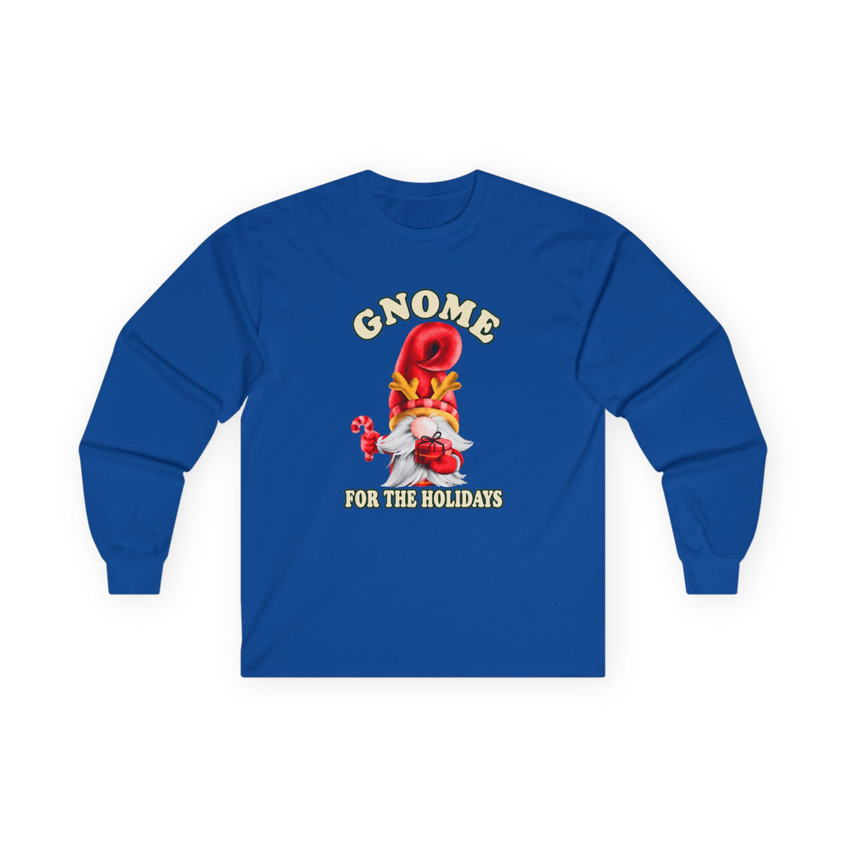 A royal blue long-sleeve t-shirt with a festive gnome graphic on the chest. The graphic features a red hot air balloon, a white and red gnome, and the text 'GNOME FOR THE HOLIDAYS' in yellow.