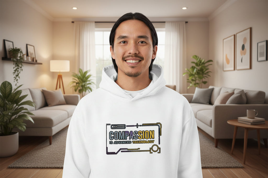 Compassion Is Advanced Technology Hoodie | Embroidered Futurist Pullover - Mutantur Labs LLC