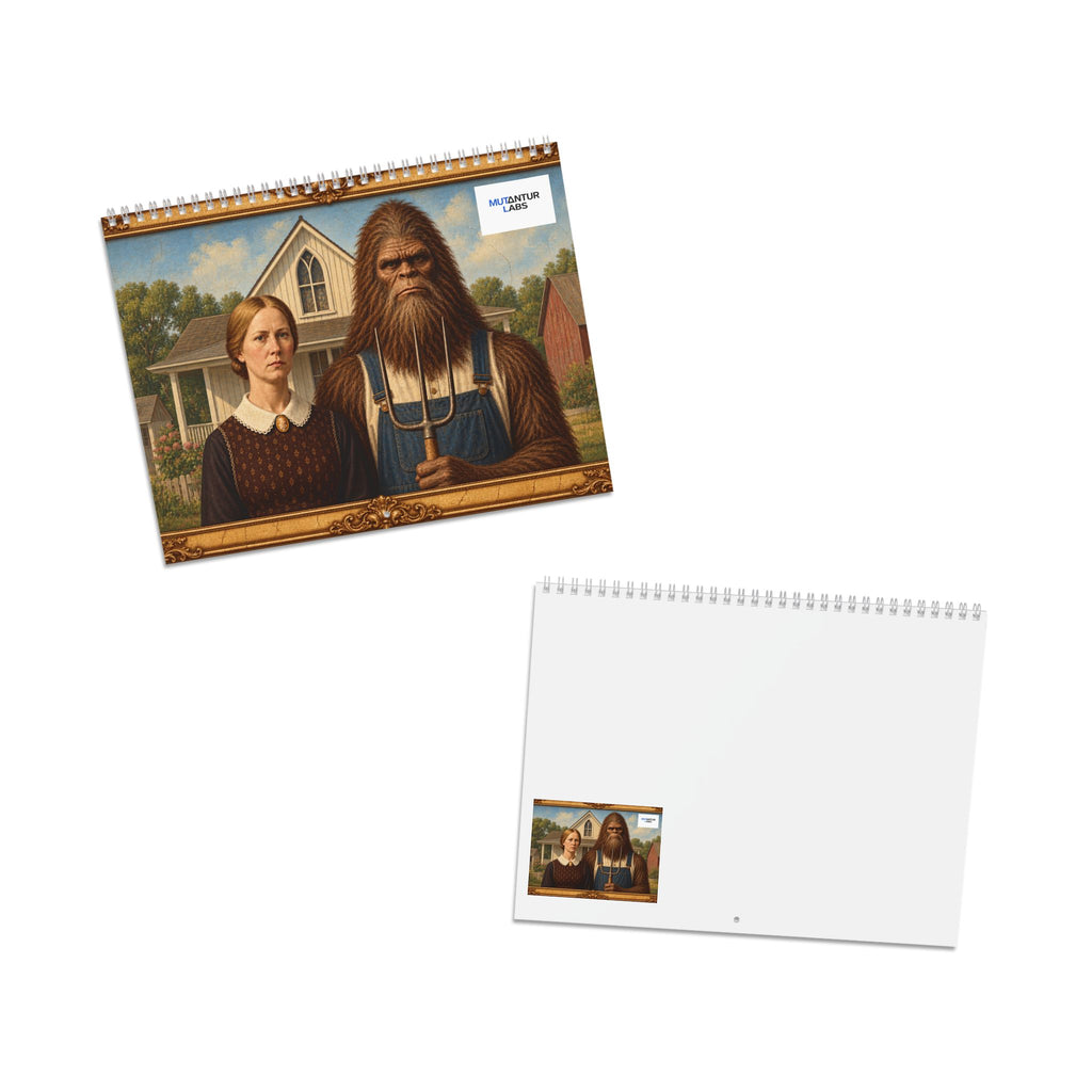 A spiral-bound wall calendar shown from two angles on a white background. The top view shows the printed cover artwork parodying American Gothic featuring a woman and a Bigfoot in blue overalls holding a pitchfork.