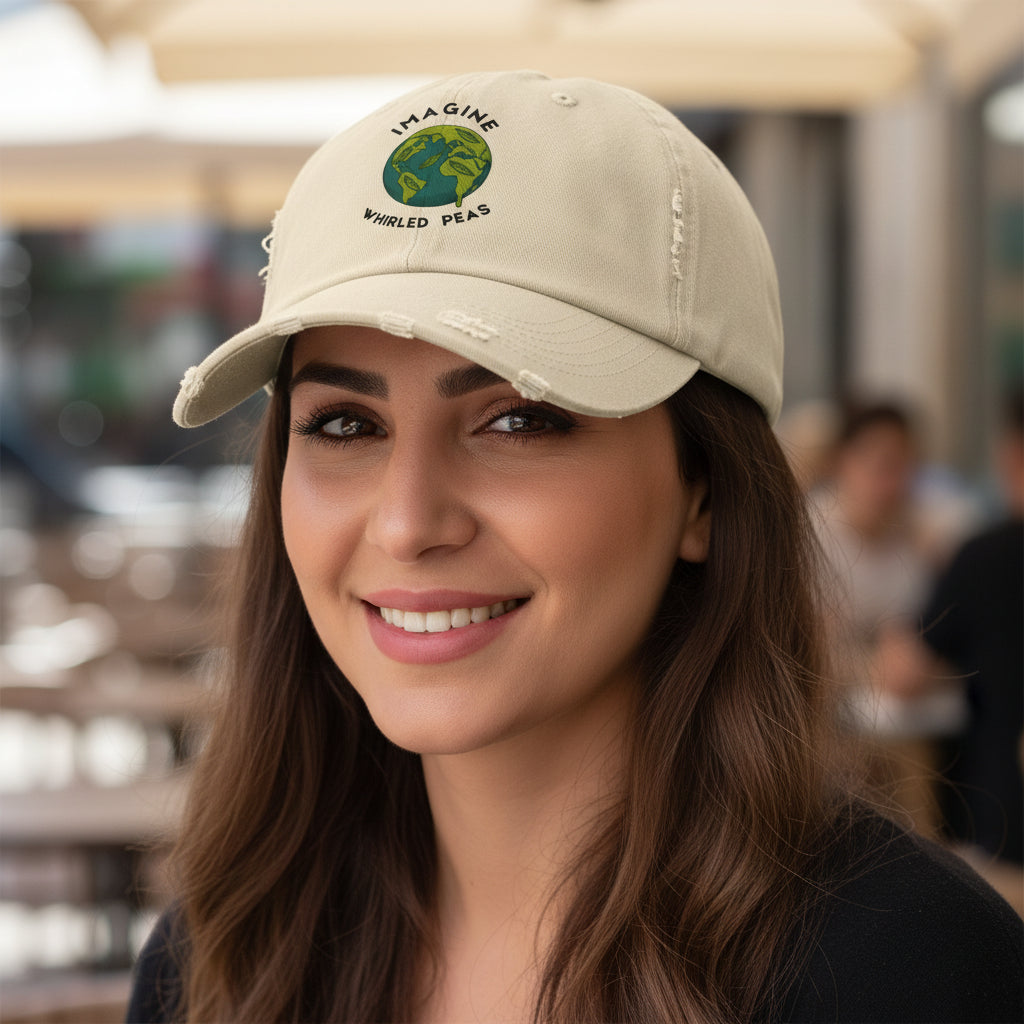 Imagine Whirled Peas pun Unisex Distressed Cap with Planet design - Mutantur Labs LLC