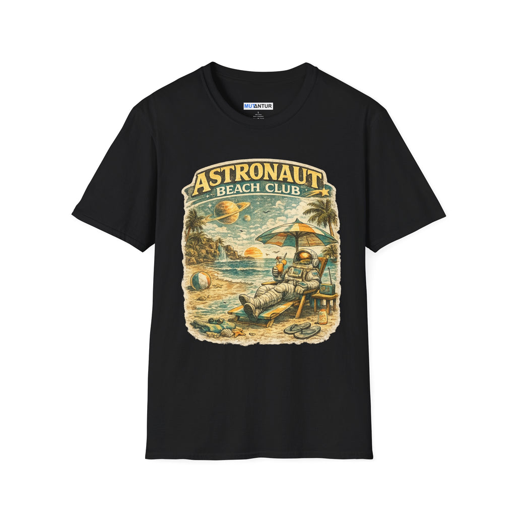 Astronaut Beach Club T-Shirt – Retro Space Beach Graphic Tee - Mutantur Labs LLC
