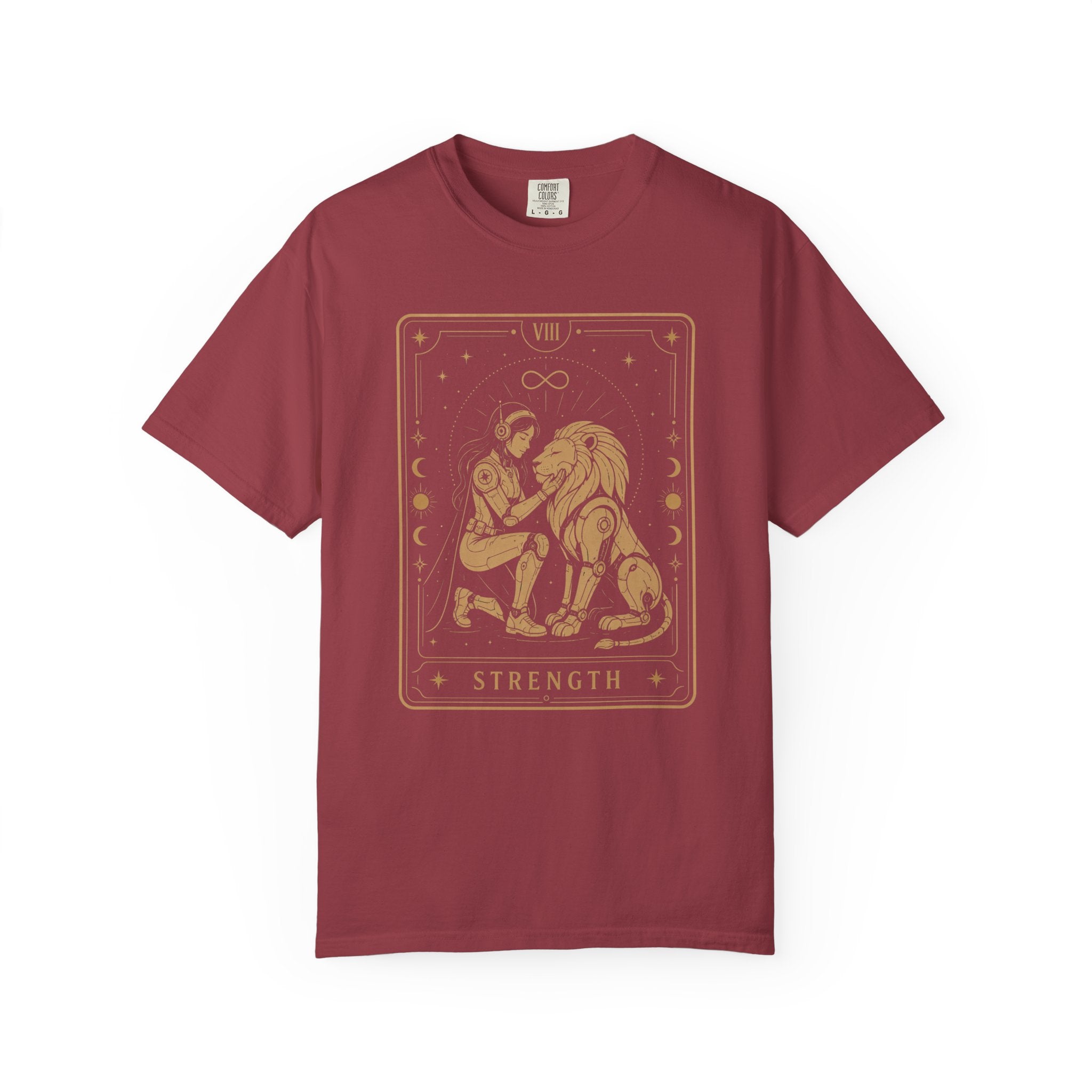 A red  short-sleeve crewneck t-shirt featuring a gold tarot card graphic of a man and lion with the word 'STRENGTH' on the front, displayed against a plain white background.