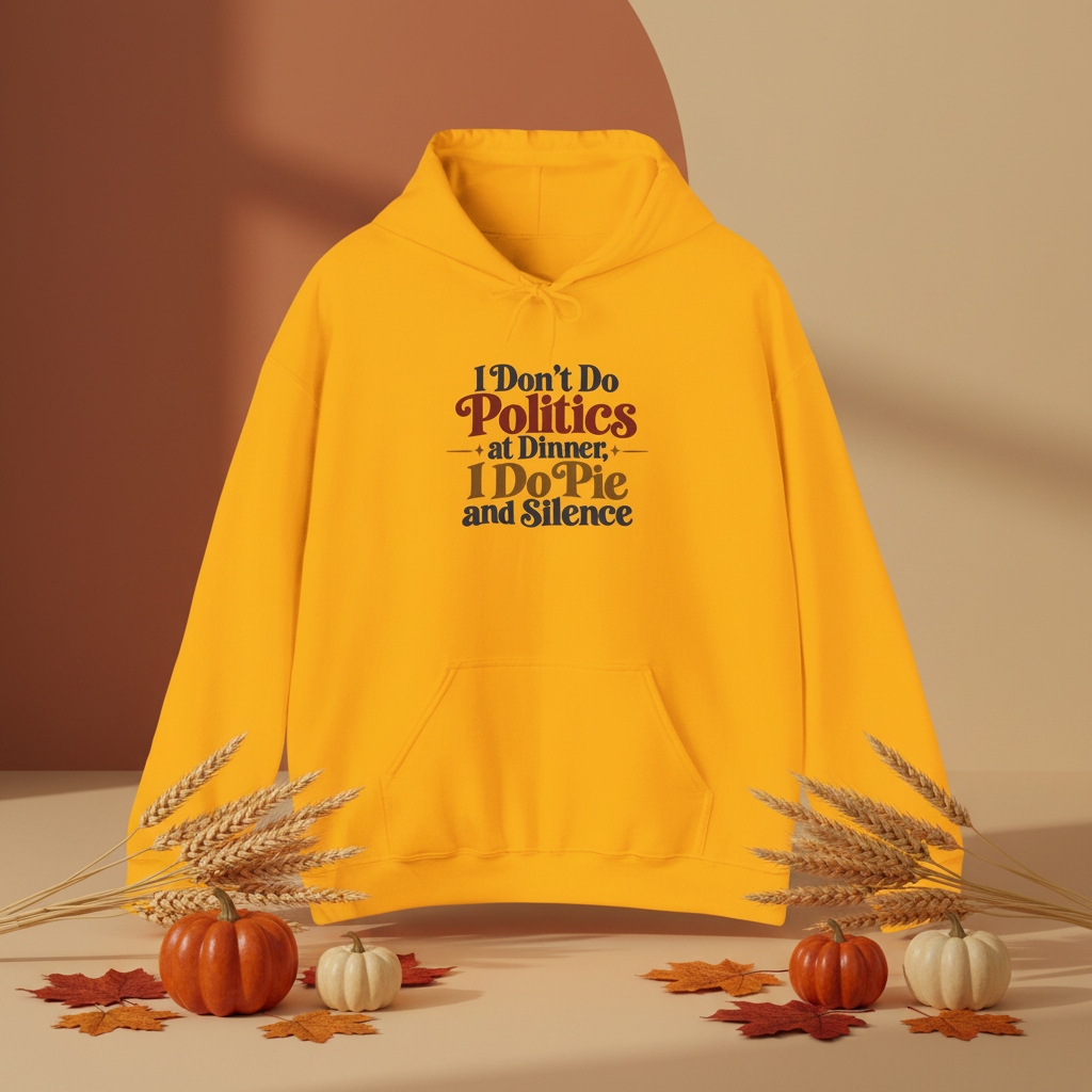 A bright yellow pullover hoodie with a printed slogan on the chest, styled in a warm autumn scene with pumpkins, wheat, and fall leaves against a beige and brown background.