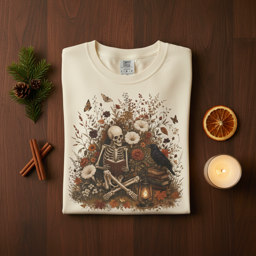 An off-white short-sleeve crewneck t-shirt featuring a central graphic print of a skeleton sitting among autumn leaves, skulls, and a small glowing candle.