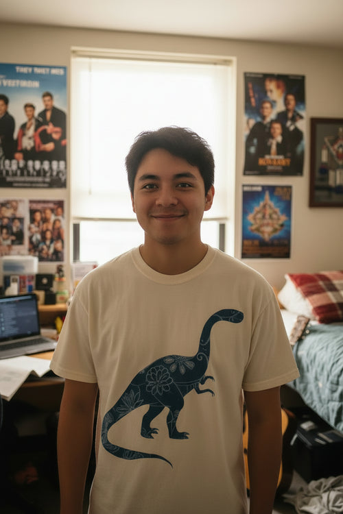 Blue Floral Dinosaur T-Shirt | Chinoiserie Brontosaurus Graphic Tee - Mutantur Labs LLC