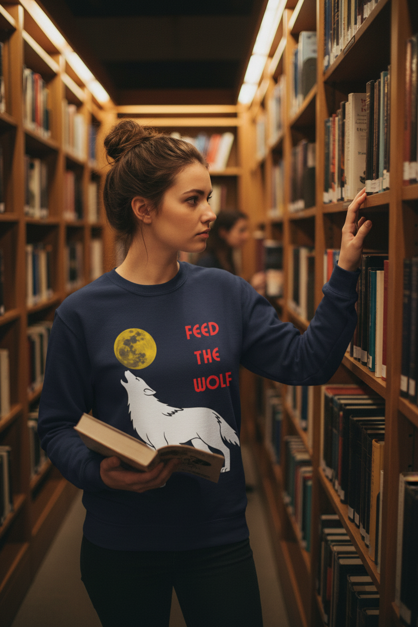 Feed the Wolf howling wolf moon graphic long sleeve tee, product detail shot