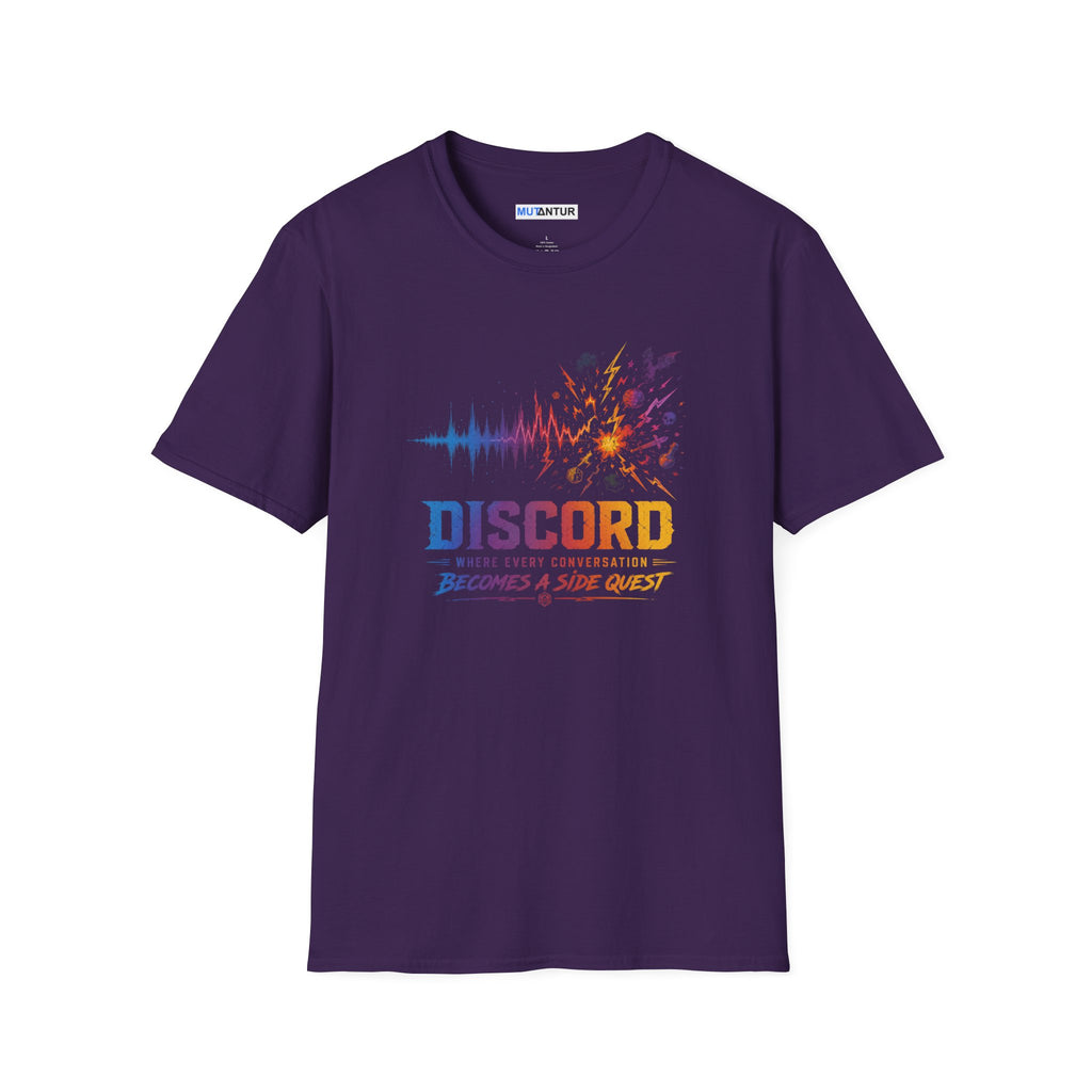 A purple short-sleeve t-shirt with a colorful graphic on the front featuring a soundwave, lightning, and the text 'DISCORD' and 'BECOMES A SIDE QUEST'.