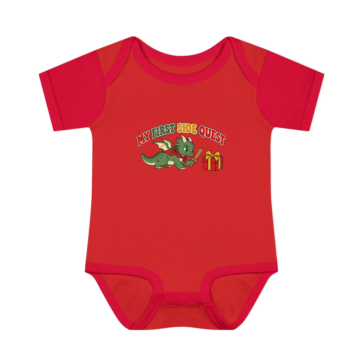 A red short-sleeve baby bodysuit with a graphic on the chest showing a green cartoon dragon holding a wooden spoon and a small gift box, with the text 'MY FIRST SIDE QUEST' above it. The bodysuit is displayed flat against a solid white background.