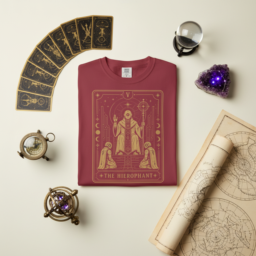 A red Comfort Colors t-shirt featuring The Hierophant from the Future Arcana collection, inspired by The Hierophant tarot card. A futuristic cosmic scholar is framed by celestial Art Deco details in elegant gold line art on a transparent background.