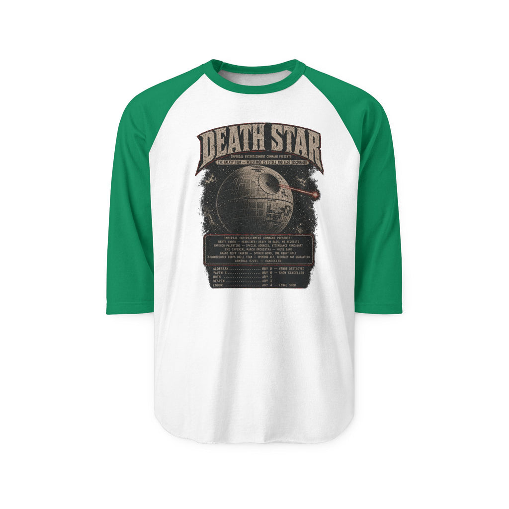 Baseball shirt with green sleeves with Death Star' graphic design on a white background