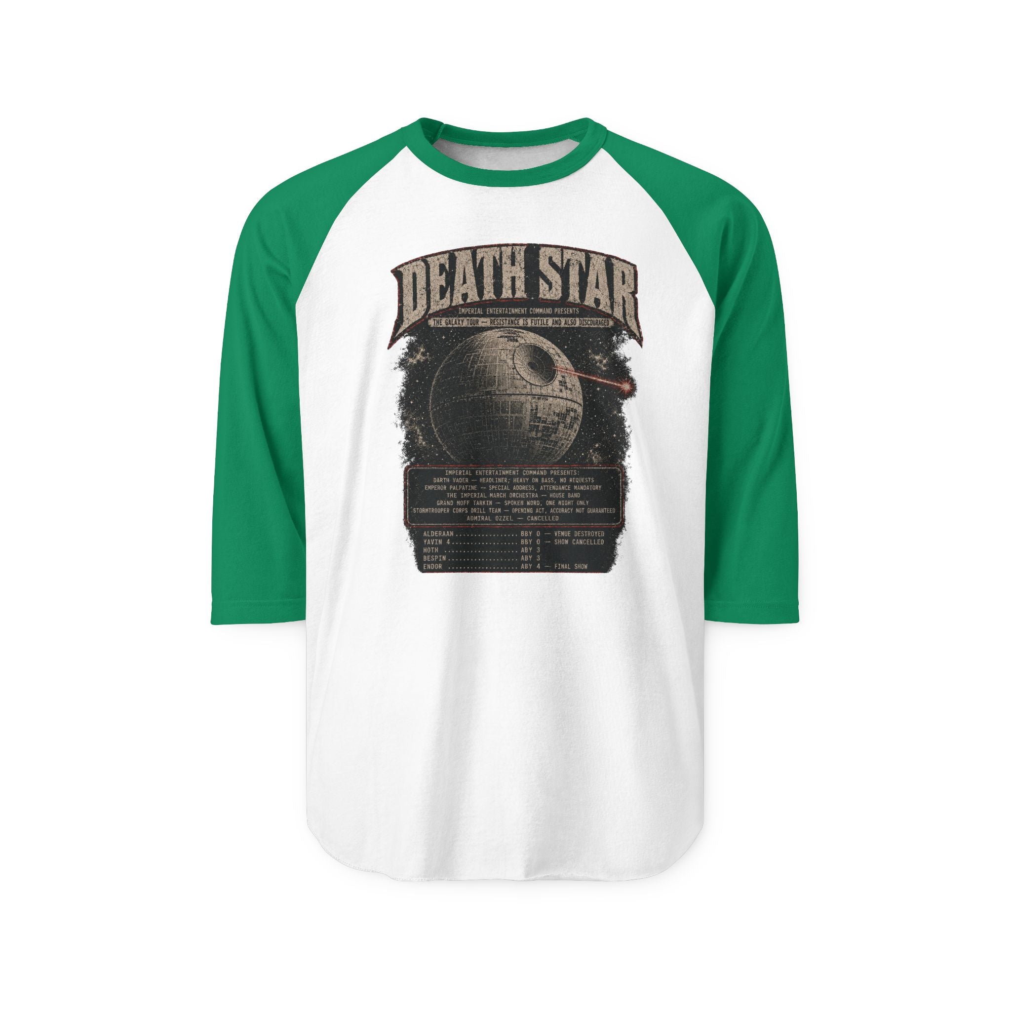Baseball shirt with green sleeves with Death Star' graphic design on a white background