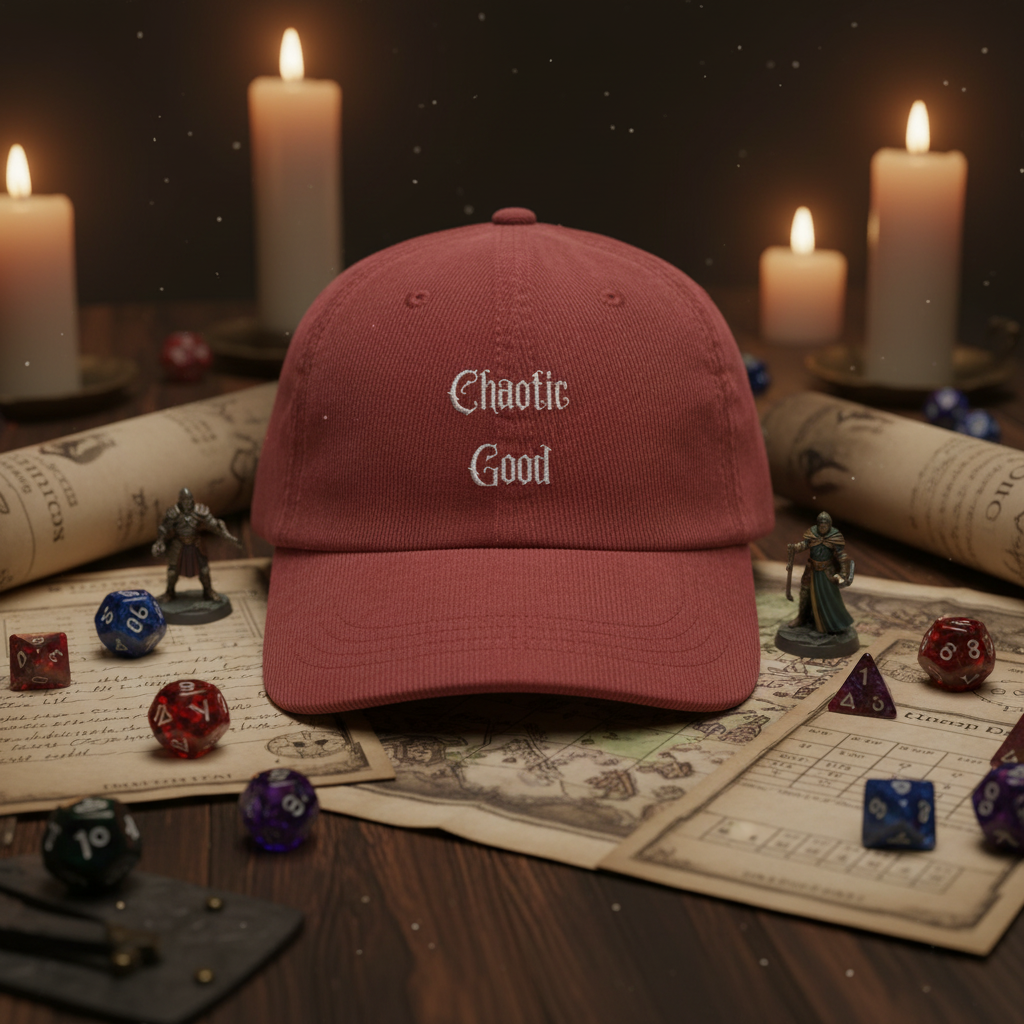 Chaotic Good embroidered corduroy hat, RPG nerd cap, front view
